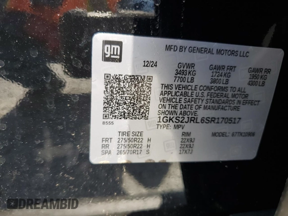2025 GMC Yukon XL Denali with VIN 1GKS2JRL6SR170517, listed as a Copart auction lot 53795565 with 1,091 mi miles and Salvage Title. Bid and sale history available at carsss.com. Image 13.