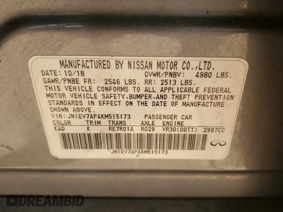 2019 Infiniti Q50 3.0t LUXE with VIN JN1EV7AP4KM515173, listed as a Copart auction lot 85491254 with 69,118 mi miles and Salvage Title. Bid and sale history available at carsss.com. Image 12.