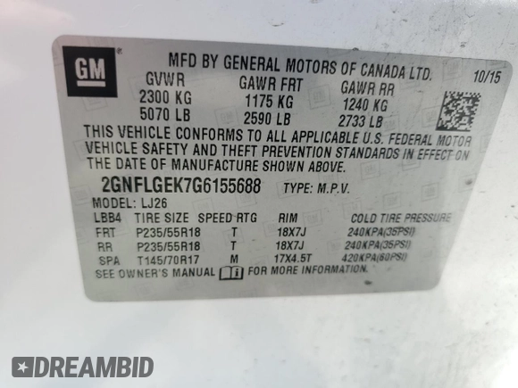 2016 Chevrolet Equinox LTZ z VIN 2GNFLGEK7G6155688, wystawiony jako Copart lot #59359834 z przebiegiem Nie podano mil oraz Szkoda całkowita • Salvage title. Historia ofert i sprzedaży dostępna na DreamBid. Obrazek 13.
