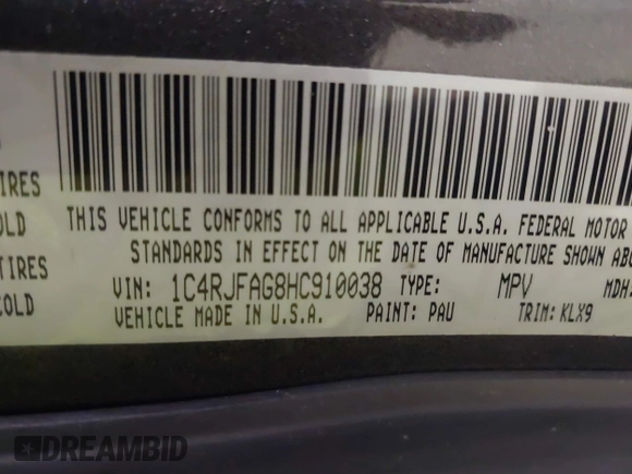 2017 Jeep Grand Cherokee Laredo with VIN 1C4RJFAG8HC910038, listed as a IAAI auction lot 41928179 with 76,862 mi miles. Bid and sale history available at carsss.com. Image 9.