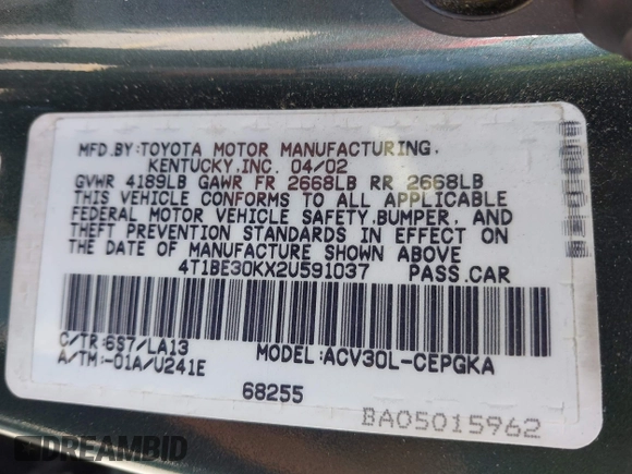 2002 Toyota Camry LE z VIN 4T1BE30KX2U591037, wystawiony jako IAAI lot #42077641 z przebiegiem 86 569 mil mil oraz . Historia ofert i sprzedaży dostępna na DreamBid. Obrazek 9.