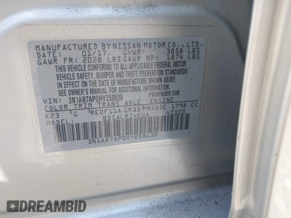 2017 Nissan Sentra S with VIN 3N1AB7AP0HY258638, listed as a IAAI auction lot 42142487 with 101,554 mi miles and . Bid and sale history available at DreamBid. Image 9.