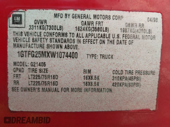 1998 GMC Savana z VIN 1GTFG25MXW1074400, wystawiony jako IAAI lot #42271307 z przebiegiem 283 291 mil mil oraz . Historia ofert i sprzedaży dostępna na DreamBid. Obrazek 9.