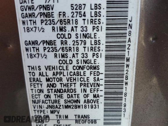 2011 Nissan Murano S with VIN JN8AZ1MW2BW181931, listed as a Copart auction lot 55060425 with 177,811 mi miles and Salvage Title. Bid and sale history available at DreamBid. Image 14.