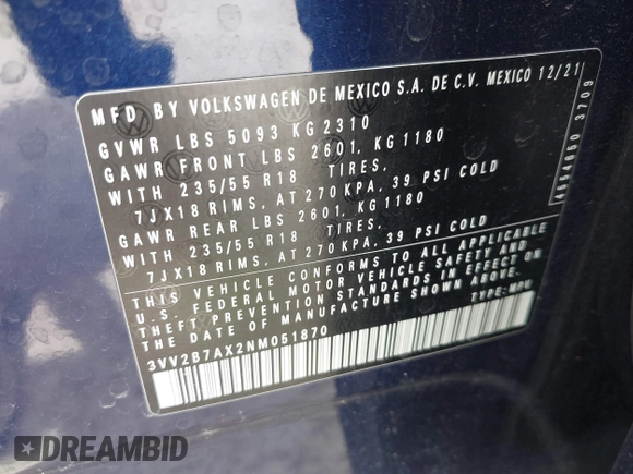 2022 Volkswagen Tiguan SE с VIN 3VV2B7AX2NM051870, выставлен на аукционе IAAI как лот 42250350 с пробегом 72 257 миль миль и . История ставок и продаж доступна на DreamBid. Изображение 9.