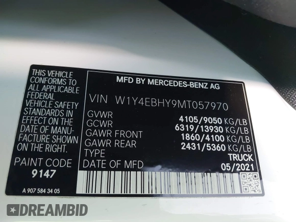 2021 Mercedes-Benz Sprinter Cargo with VIN W1Y4EBHY9MT057970, listed as a IAAI auction lot 38416320 with 32,055 mi miles and . Bid and sale history available at carsss.com. Image 9.