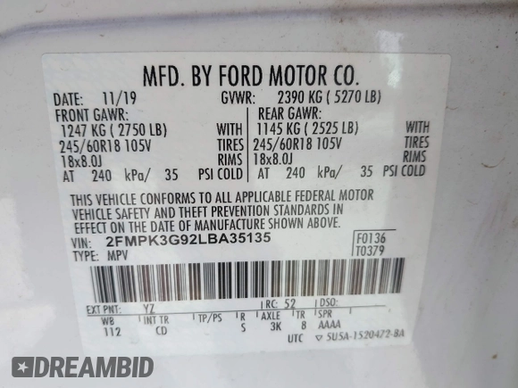 2020 Ford Edge SE z VIN 2FMPK3G92LBA35135, wystawiony jako IAAI lot #41851720 z przebiegiem 49 534 mil mil oraz . Historia ofert i sprzedaży dostępna na DreamBid. Obrazek 9.