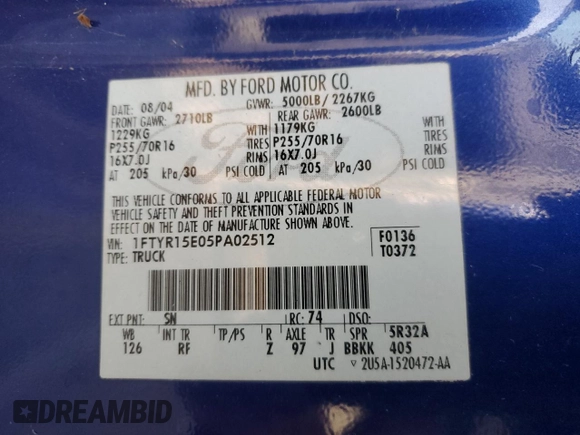 2005 Ford Ranger XL with VIN 1FTYR15E05PA02512, listed as a Copart auction lot 42241835 with 275,738 mi miles and Salvage Title. Bid and sale history available at DreamBid. Image 12.