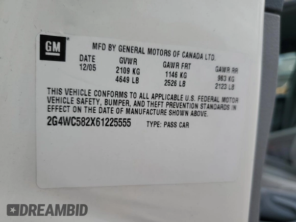 2006 Buick LaCrosse CX with VIN 2G4WC582X61225555, listed as a Copart auction lot 53040885 with 186,217 mi miles and Salvage title. Bid and sale history available at DreamBid. Image 12.