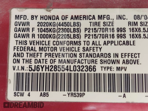 2004 Honda Element EX with VIN 5J6YH28554L032366, listed as a IAAI auction lot 42670367 with 237,508 mi miles and . Bid and sale history available at DreamBid. Image 9.
