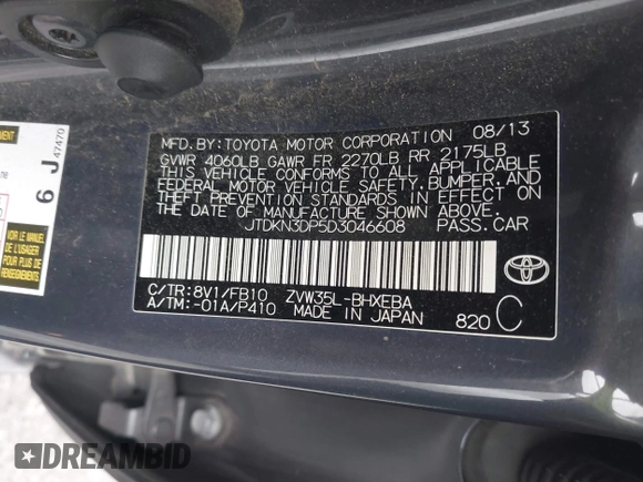 2013 Toyota Prius with VIN JTDKN3DP5D3046608, listed as a IAAI auction lot 42168159 with 146,863 mi miles and . Bid and sale history available at DreamBid. Image 9.