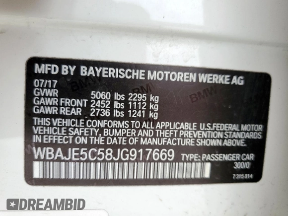 2018 BMW 5 Series 540i с VIN WBAJE5C58JG917669, выставлен на аукционе Copart как лот 57396815 с пробегом 117 967 миль миль и Списание • Salvage title. История ставок и продаж доступна на DreamBid. Изображение 12.