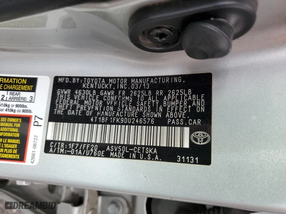 2013 Toyota Camry L with VIN 4T1BF1FK9DU246576, listed as a Copart auction lot 42683045 with 188,782 mi miles and Salvage Title. Bid and sale history available at carsss.com. Image 12.