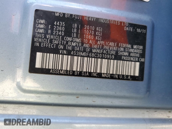 2012 Subaru Legacy 2.5i Premium with VIN 4S3BMBF68C3010959, listed as a Copart auction lot 51998955 with 105,261 mi miles and Salvage Title. Bid and sale history available at carsss.com. Image 12.