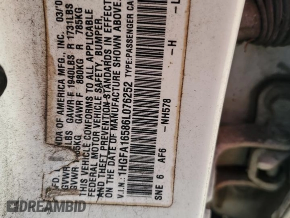 2006 Honda Civic LX with VIN 1HGFA16586L076252, listed as a Copart auction lot 55943215 with Not Provided miles and Clean Title. Bid and sale history available at DreamBid. Image 12.