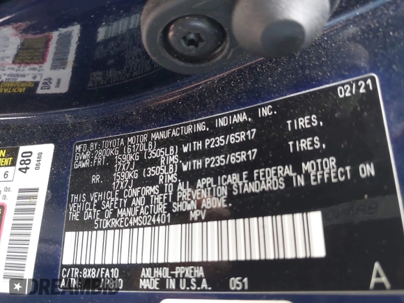 2021 Toyota Sienna LE z VIN 5TDKRKEC4MS024401, wystawiony jako IAAI lot #42043932 z przebiegiem 37 417 mil mil oraz . Historia ofert i sprzedaży dostępna na DreamBid. Obrazek 9.