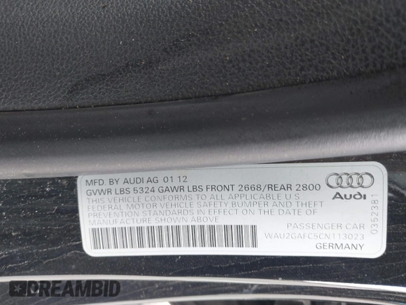 2012 Audi A7 Prestige with VIN WAU2GAFC5CN113023, listed as a IAAI auction lot 41741612 with Not provided miles and . Bid and sale history available at DreamBid. Image 9.
