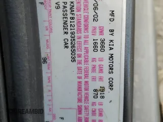 2003 Kia Spectra with VIN KNAFB121935265035, listed as a Copart auction lot 86407934 with 201,586 mi miles and Salvage Title. Bid and sale history available at DreamBid. Image 14.