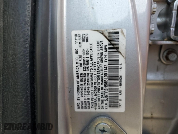 2011 Honda Accord Crosstour EX-L with VIN 5J6TF2H58BL001142, listed as a Copart auction lot 76828004 with 0 mi miles and Salvage Title. Bid and sale history available at carsss.com. Image 12.