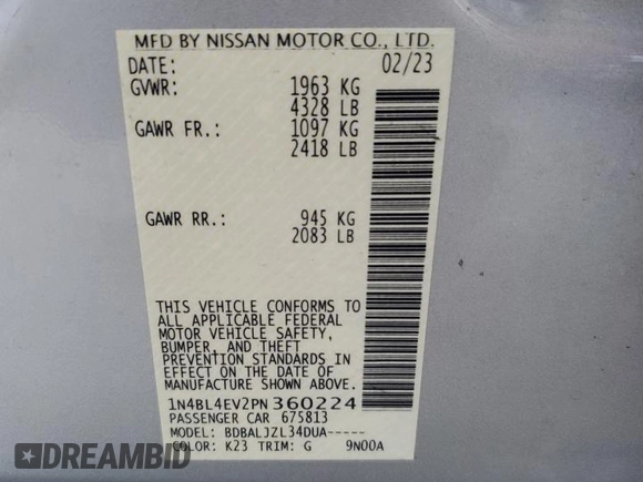 2023 Nissan Altima SL with VIN 1N4BL4EV2PN360224, listed as a Copart auction lot 49089685 with Not Provided miles and Non Repairable. Bid and sale history available at DreamBid. Image 13.