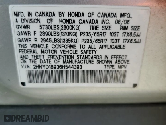 2006 Acura MDX Touring RES w/Navi with VIN 2HNYD18936H544393, listed as a Copart auction lot 52393965 with 200,267 mi miles and Salvage Title. Bid and sale history available at carsss.com. Image 16.