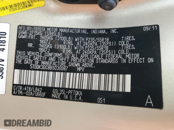 2011 Toyota Sienna XLE with VIN 5TDDK3DC8BS030087, listed as a Copart auction lot 53396705 with 223,482 mi miles and Salvage Title. Bid and sale history available at DreamBid. Image 13.