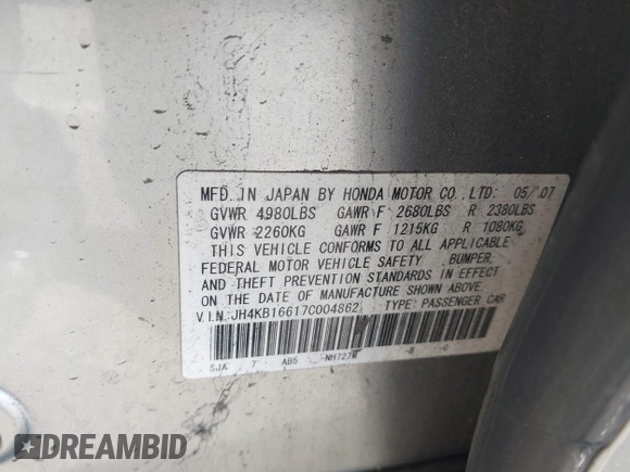 2007 Acura RL Technology with VIN JH4KB16617C004862, listed as a IAAI auction lot 42659578 with 203,727 mi miles and . Bid and sale history available at DreamBid. Image 9.
