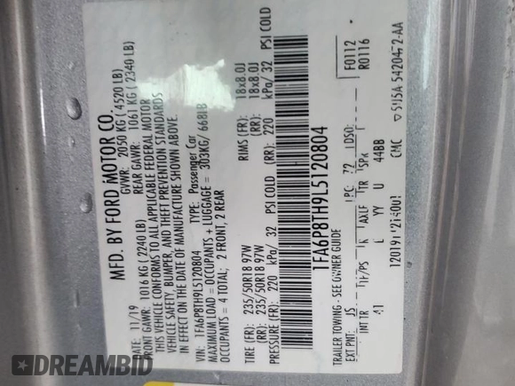 2020 Ford Mustang EcoBoost with VIN 1FA6P8TH9L5120804, listed as a Copart auction lot 58647775 with 73,371 mi miles and Salvage title. Bid and sale history available at DreamBid. Image 12.