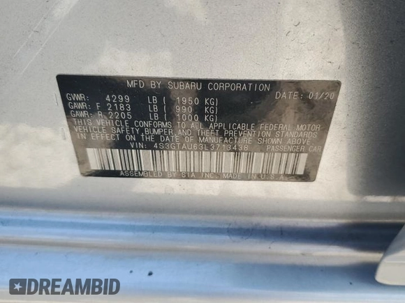 2020 Subaru Impreza Limited with VIN 4S3GTAU63L3713438, listed as a Copart auction lot 61822925 with 17,225 mi miles and Salvage title. Bid and sale history available at DreamBid. Image 12.
