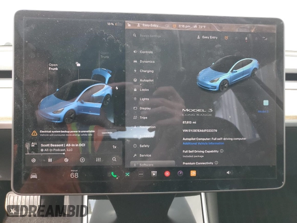 2018 Tesla Model 3 Long Range Battery with VIN 5YJ3E1EA9JF023379, listed as a Copart auction lot 47531895 with 87,613 mi miles and Salvage Title. Bid and sale history available at DreamBid. Image 9.
