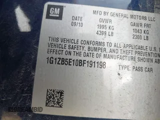 2011 Chevrolet Malibu 1LS with VIN 1G1ZB5E10BF191198, listed as a IAAI auction lot 42024562 with 218,030 mi miles and . Bid and sale history available at DreamBid. Image 9.