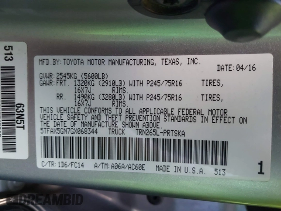 2016 Toyota Tacoma SR5 with VIN 5TFAX5GN7GX068344, listed as a IAAI auction lot 41337672 with 51,914 mi miles. Bid and sale history available at carsss.com. Image 9.