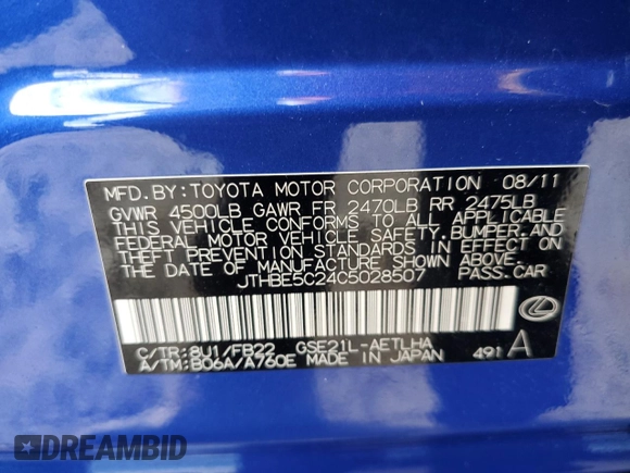 2012 Lexus IS 350 с VIN JTHBE5C24C5028507, выставлен на аукционе Copart как лот 89131145 с пробегом 141 501 миль миль и Списание • Salvage title. История ставок и продаж доступна на DreamBid. Изображение 13.