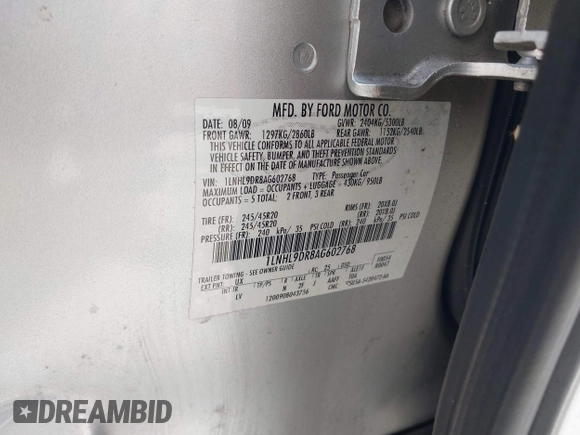 2010 Lincoln MKS with VIN 1LNHL9DR8AG602768, listed as a IAAI auction lot 42241785 with Not Provided miles and . Bid and sale history available at DreamBid. Image 9.