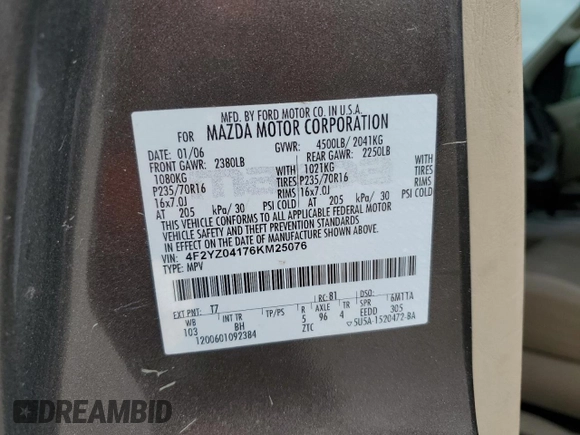2006 Mazda Tribute S with VIN 4F2YZ04176KM25076, listed as a Copart auction lot 53693245 with 167,072 mi miles and Clean Title. Bid and sale history available at DreamBid. Image 13.