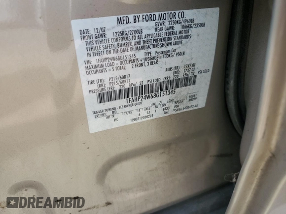 2008 Ford Taurus SEL with VIN 1FAHP24W68G151345, listed as a Copart auction lot 70502804 with 147,563 mi miles and Salvage Title. Bid and sale history available at carsss.com. Image 14.