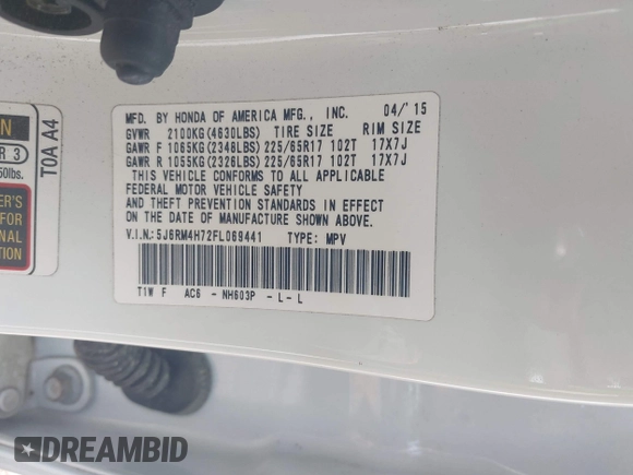 2015 Honda CR-V EX-L with VIN 5J6RM4H72FL069441, listed as a IAAI auction lot 42018910 with 94,692 mi miles. Bid and sale history available at carsss.com. Image 9.