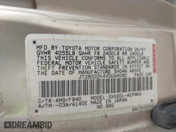 1997 Toyota Camry LE with VIN JT2BG22K4V0084080, listed as a IAAI auction lot 42566043 with 167,774 mi miles and . Bid and sale history available at DreamBid. Image 9.