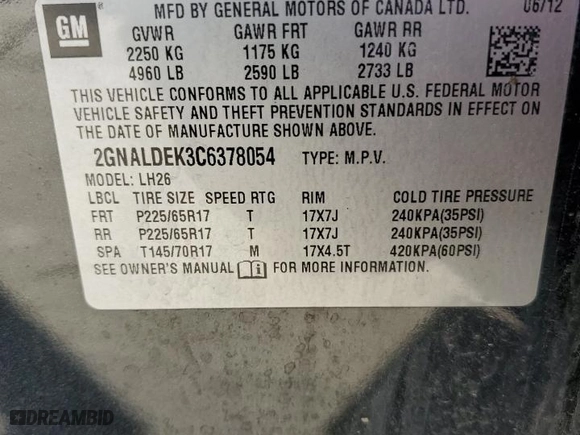 2012 Chevrolet Equinox LT w/1LT with VIN 2GNALDEK3C6378054, listed as a Copart auction lot 73324324 with 122,214 mi miles and Clean Title. Bid and sale history available at carsss.com. Image 13.