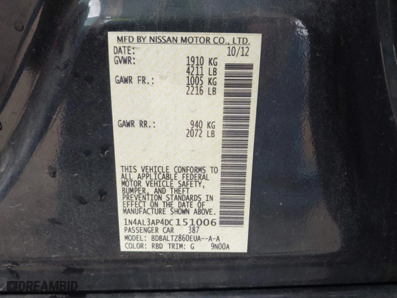 2013 Nissan Altima 2.5 SL with VIN 1N4AL3AP4DC151006, listed as a IAAI auction lot 40012493 with 136,247 mi miles. Bid and sale history available at carsss.com. Image 9.
