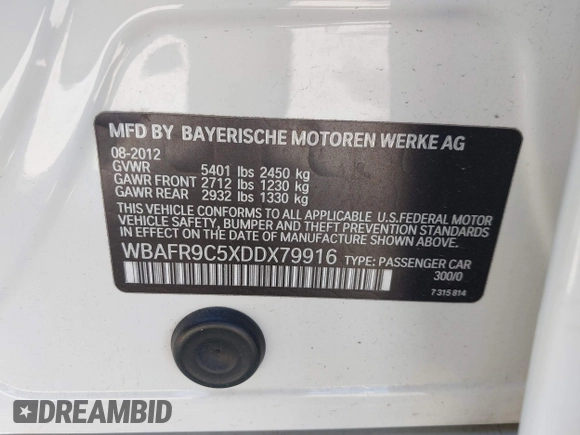 2013 BMW 5 Series 550i with VIN WBAFR9C5XDDX79916, listed as a IAAI auction lot 41776449 with 126,506 mi miles and . Bid and sale history available at carsss.com. Image 9.