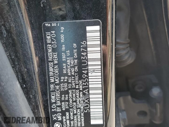 2004 BMW X5 3.0i with VIN 5UXFA13594LU34716, listed as a Copart auction lot 62934654 with 166,996 mi miles and Salvage Title. Bid and sale history available at carsss.com. Image 13.