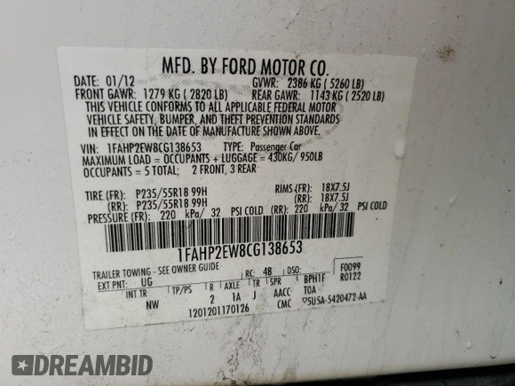 2012 Ford Taurus SEL z VIN 1FAHP2EW8CG138653, wystawiony jako Copart lot #56750215 z przebiegiem 159 631 mil mil oraz Szkoda całkowita • Salvage title. Historia ofert i sprzedaży dostępna na DreamBid. Obrazek 12.