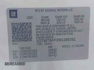 2021 GMC Savana Cargo z VIN 1GTW7AFP2M1189251, wystawiony jako IAAI lot #41644932 z przebiegiem 82 321 mil mil oraz . Historia ofert i sprzedaży dostępna na DreamBid. Obrazek 9.