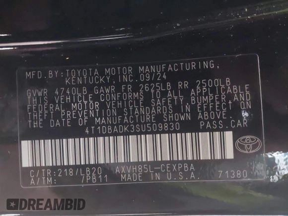 2025 Toyota Camry LE z VIN 4T1DBADK3SU509830, wystawiony jako IAAI lot #41642069 z przebiegiem 4 743 mil mil oraz . Historia ofert i sprzedaży dostępna na DreamBid. Obrazek 9.