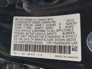 2020 Honda Civic Sedan Sport with VIN 2HGFC2F82LH593033, listed as a IAAI auction lot 41921409 with 20,614 mi miles. Bid and sale history available at carsss.com. Image 9.