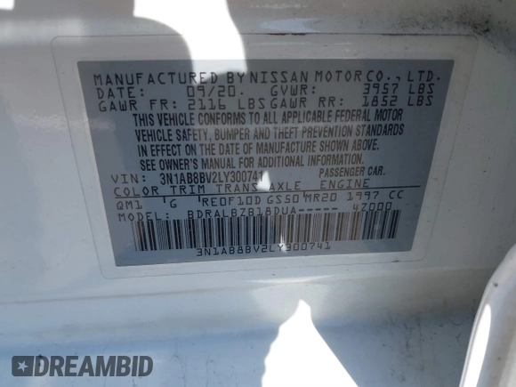2020 Nissan Sentra S with VIN 3N1AB8BV2LY300741, listed as a IAAI auction lot 41896795 with 126,749 mi miles and . Bid and sale history available at DreamBid. Image 9.