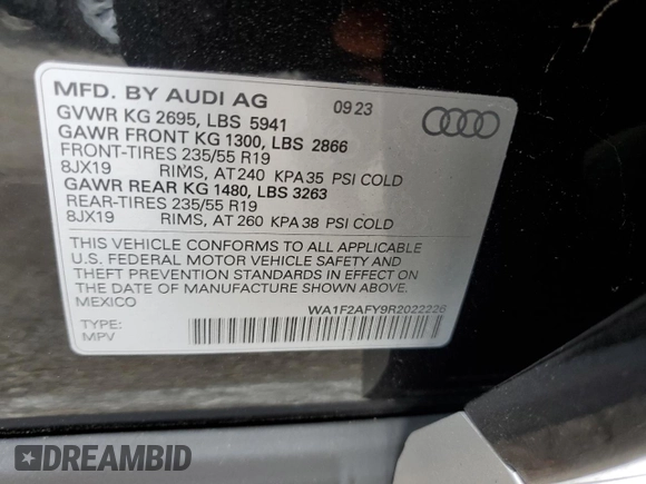 2024 Audi Q5 S line Prestige with VIN WA1F2AFY9R2022226, listed as a Copart auction lot 72183834 with 1,218 mi miles and Salvage Title. Bid and sale history available at carsss.com. Image 14.
