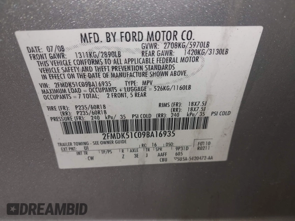 2009 Ford Flex SE with VIN 2FMDK51C09BA16935, listed as a IAAI auction lot 41966261 with 205,987 mi miles. Bid and sale history available at carsss.com. Image 9.
