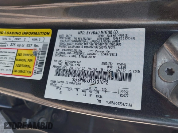 2020 Ford Fusion Titanium with VIN 3FA6P0D9XLR131042, listed as a IAAI auction lot 42560444 with 95,351 mi miles and . Bid and sale history available at DreamBid. Image 9.